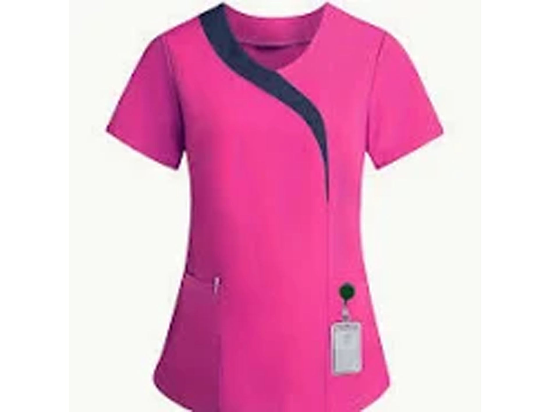 Pink scrub top with a name tag on a white background