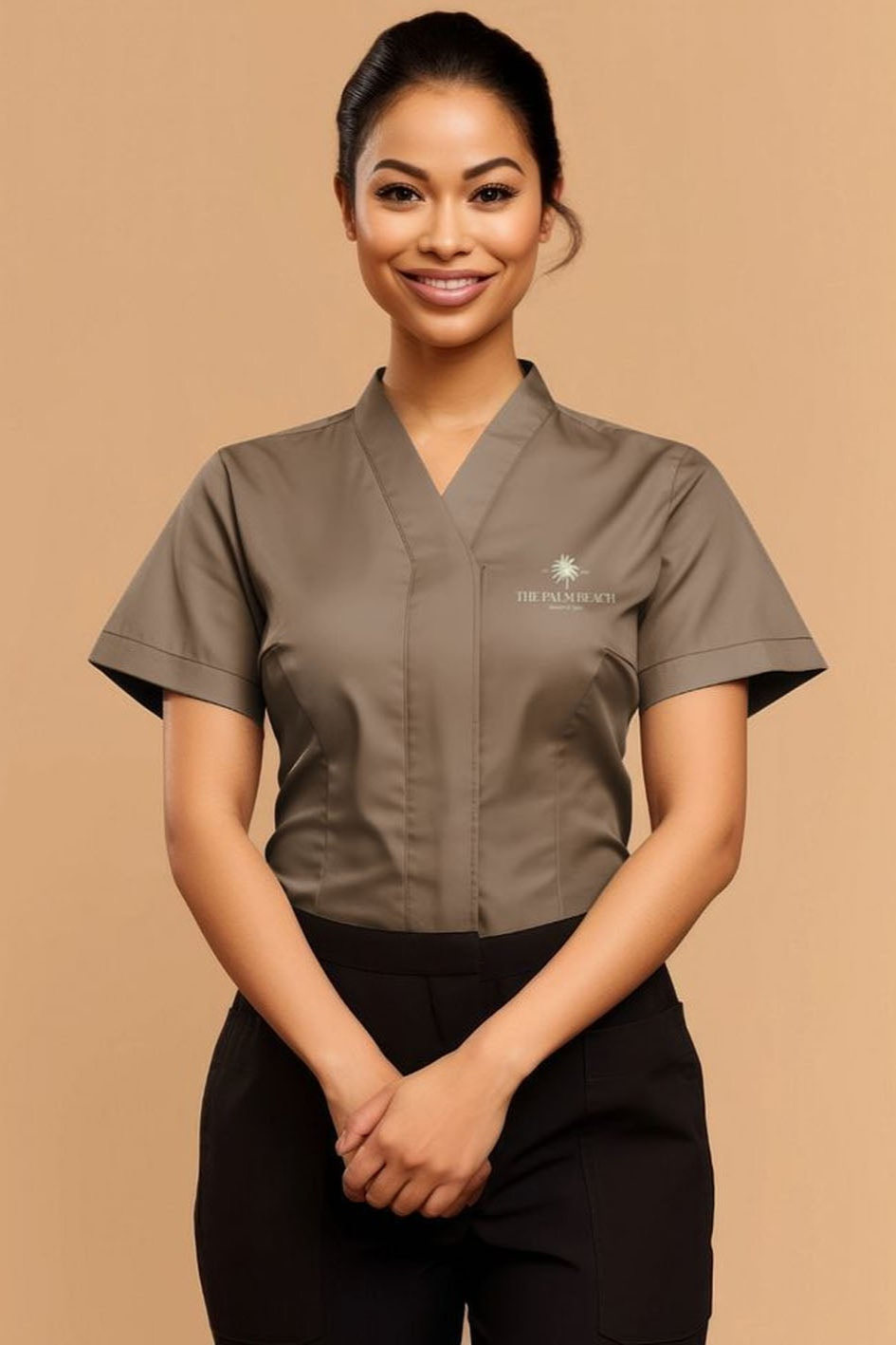 Woman wearing a brown uniform with a logo on a beige background