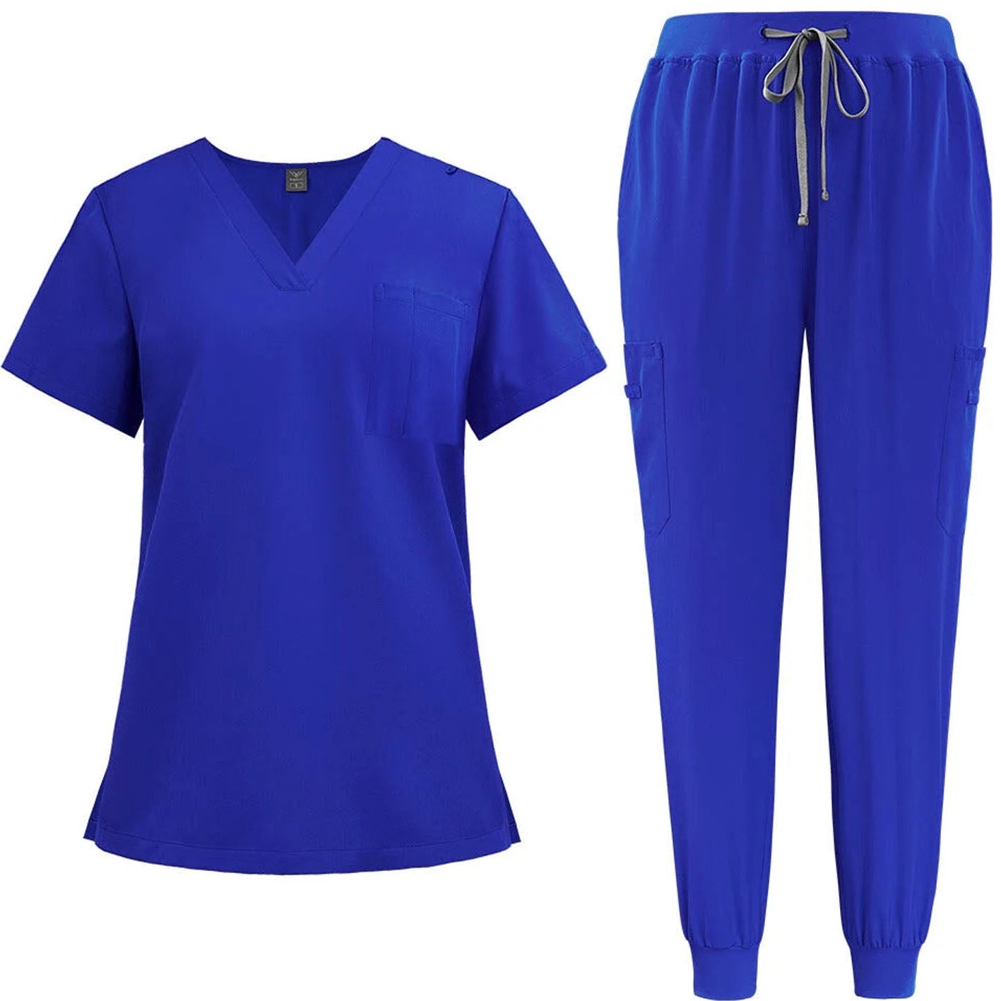 Blue scrub top and pants set on a white background