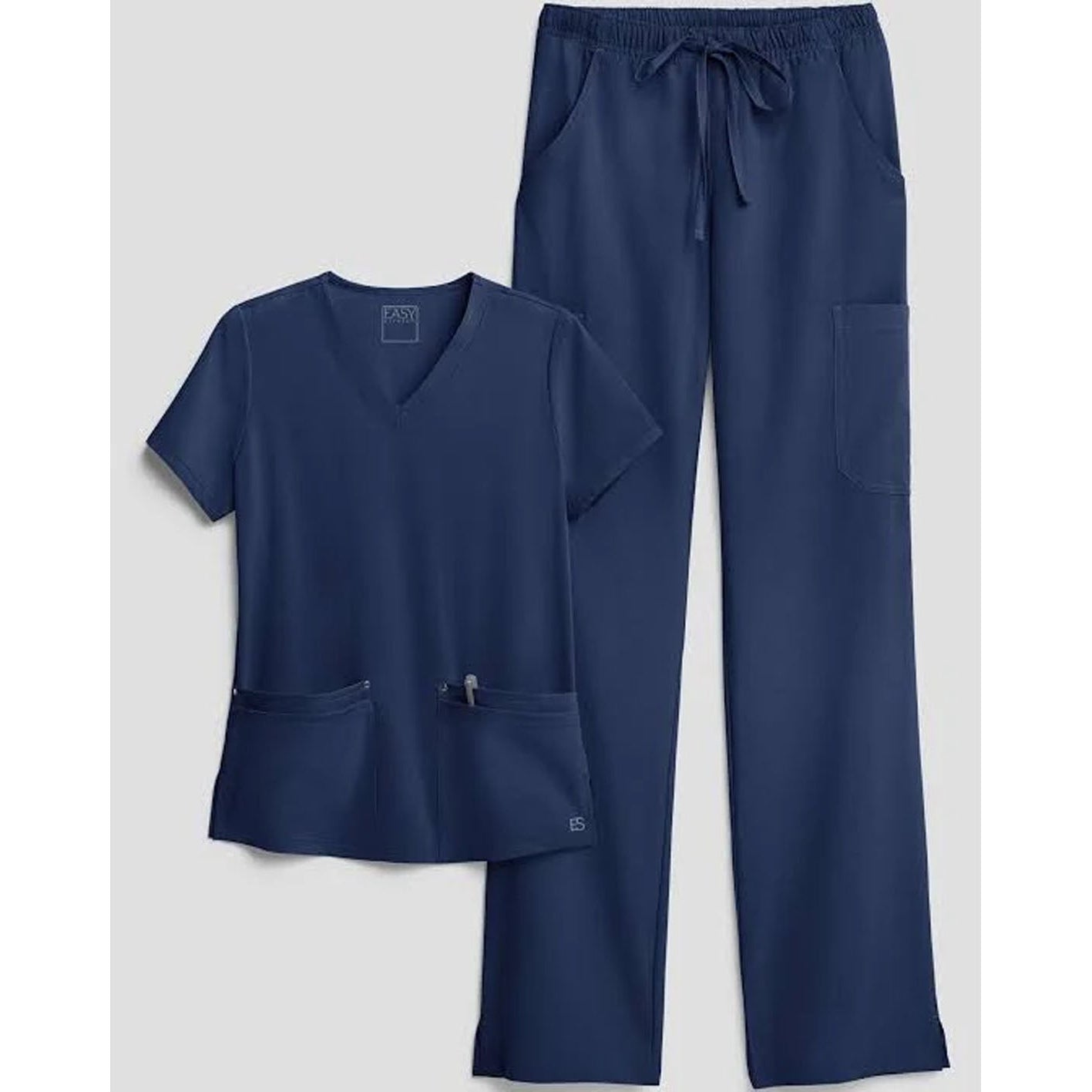 Navy blue scrub set with top and pants on a light gray background