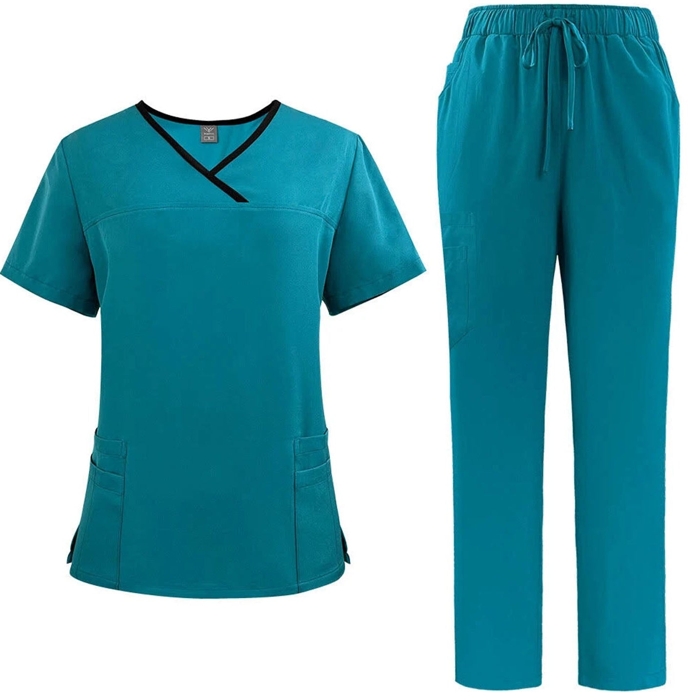 Teal scrub set with top and pants on a white background
