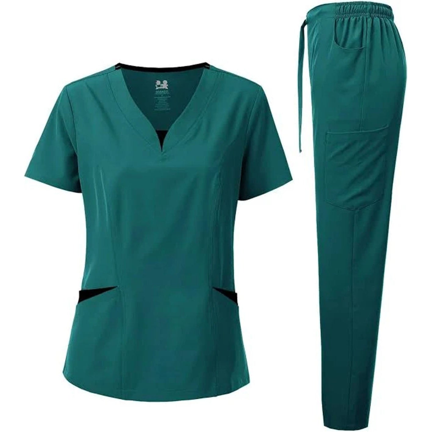 Teal scrub top and pants set on a white background