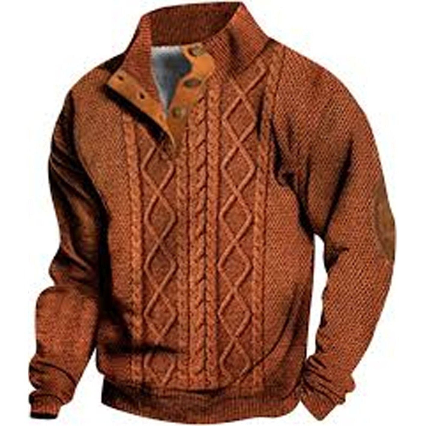 Brown cable knit sweater on a white background