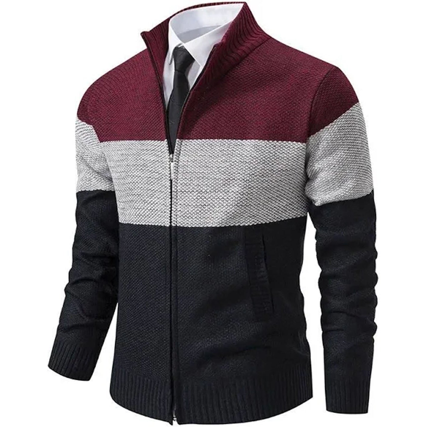 Color-blocked sweater with maroon, gray, and black sections on a white background