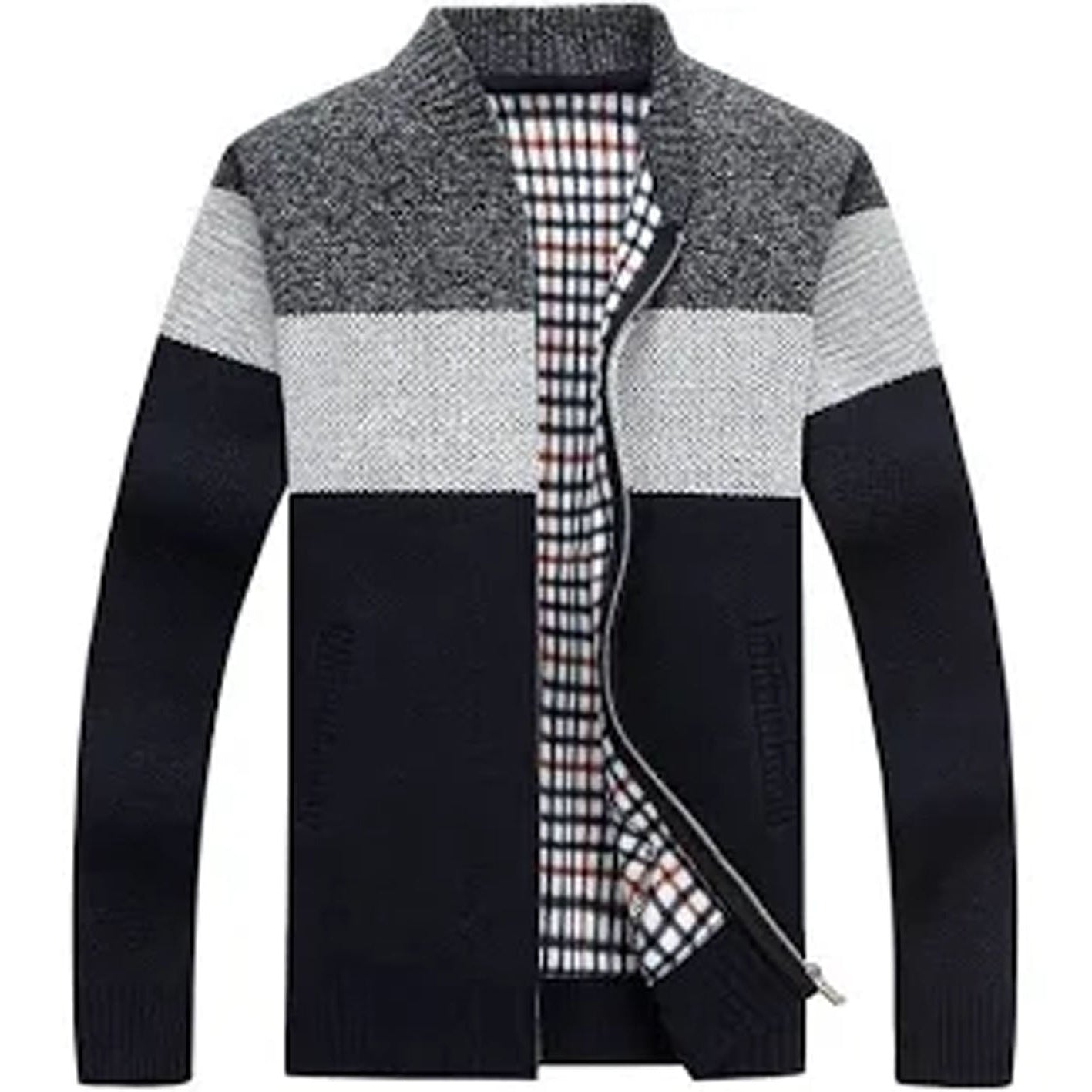 Two-tone sweater with black and gray pattern on a white background