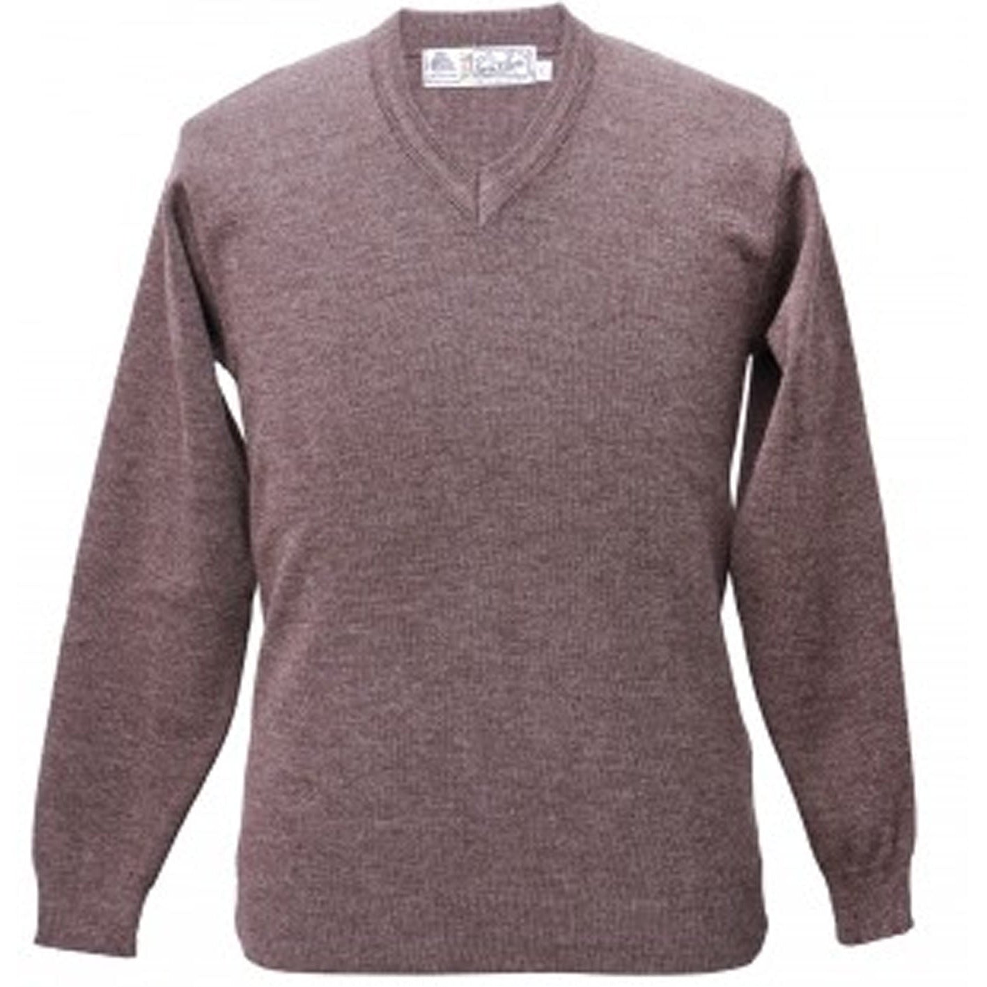 Brown sweater with a visible brand label on a white background