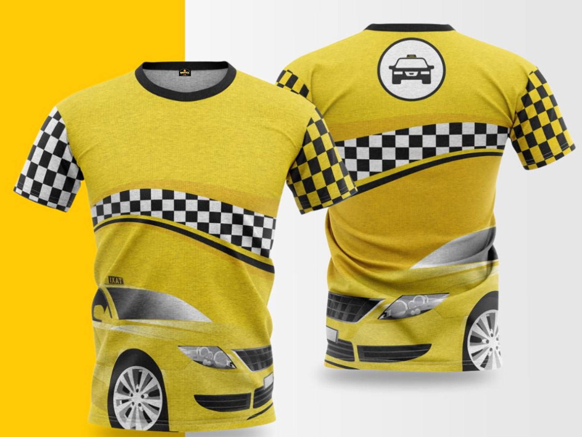 Yellow t-shirt with taxi design on a yellow and gray background