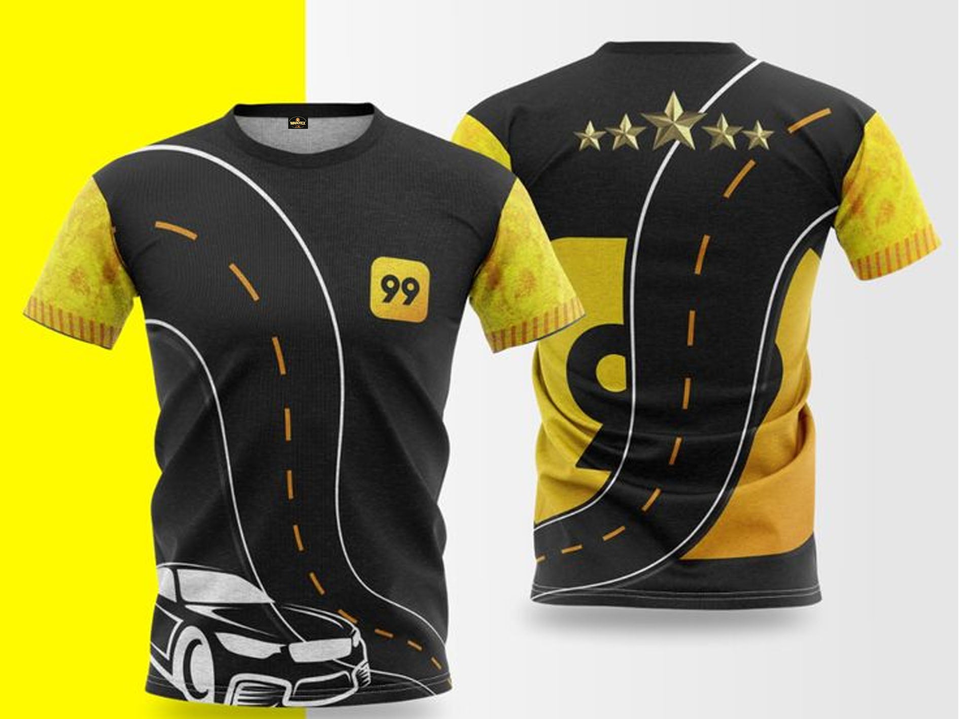 Black and yellow t-shirt with road and car design on a yellow background