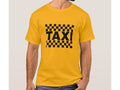 Yellow t-shirt with 'TAXI' print on a plain background