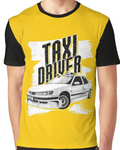 Yellow t-shirt with 'Taxi Driver' graphic and car illustration on a white background