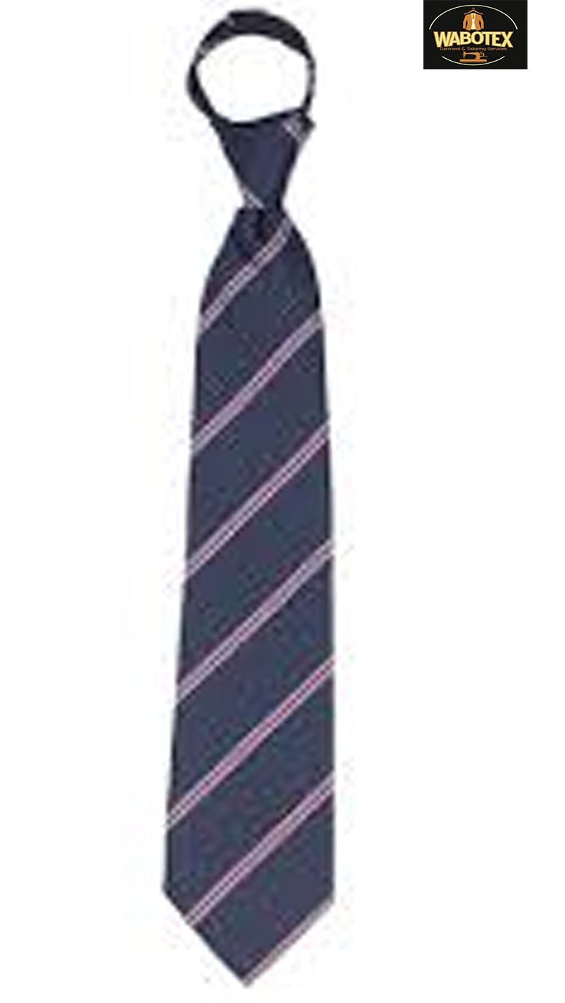 Navy striped tie with pink accents on a white background