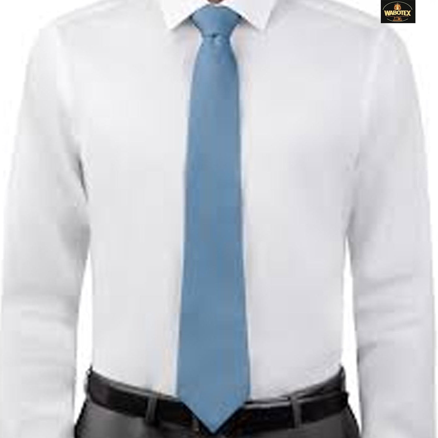 White dress shirt with a light blue tie on a white background