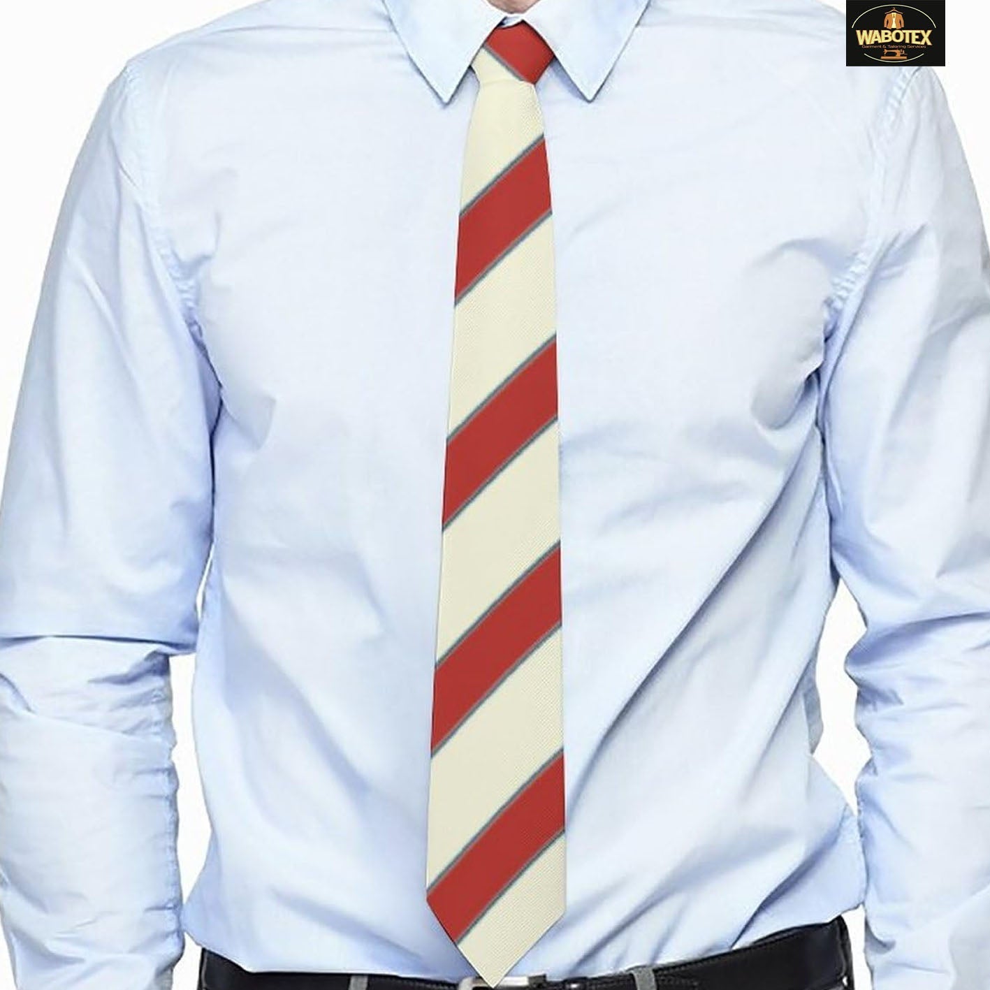 White shirt with a red and beige striped tie on a white background