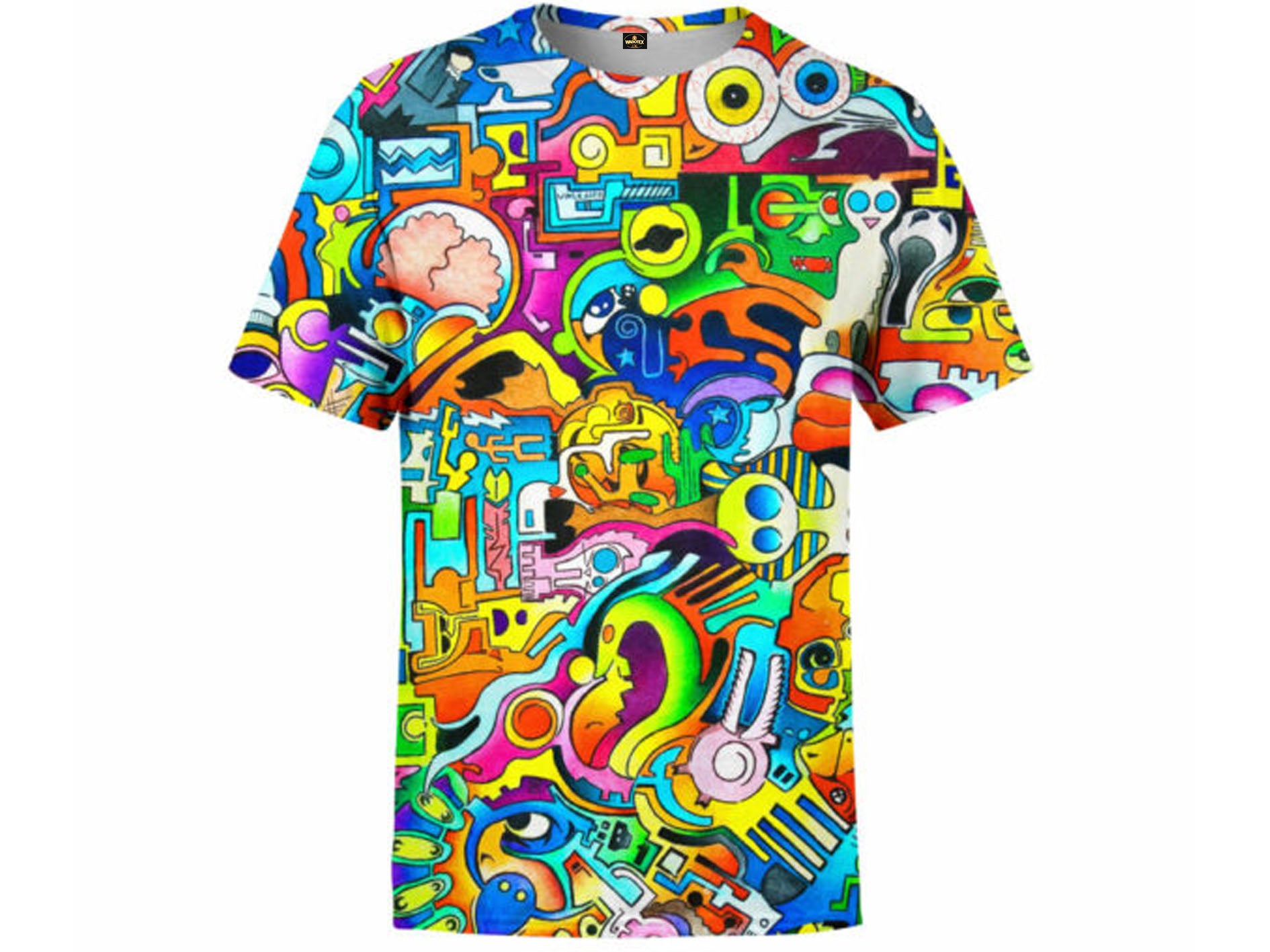 Colorful graphic t-shirt with abstract design on a white background