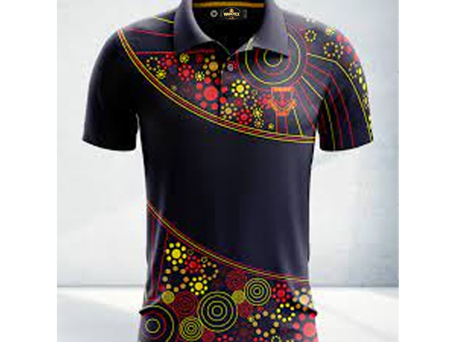 Black polo shirt with colorful abstract patterns on a white background