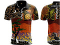 Two polo shirts with Aboriginal art designs on a white background