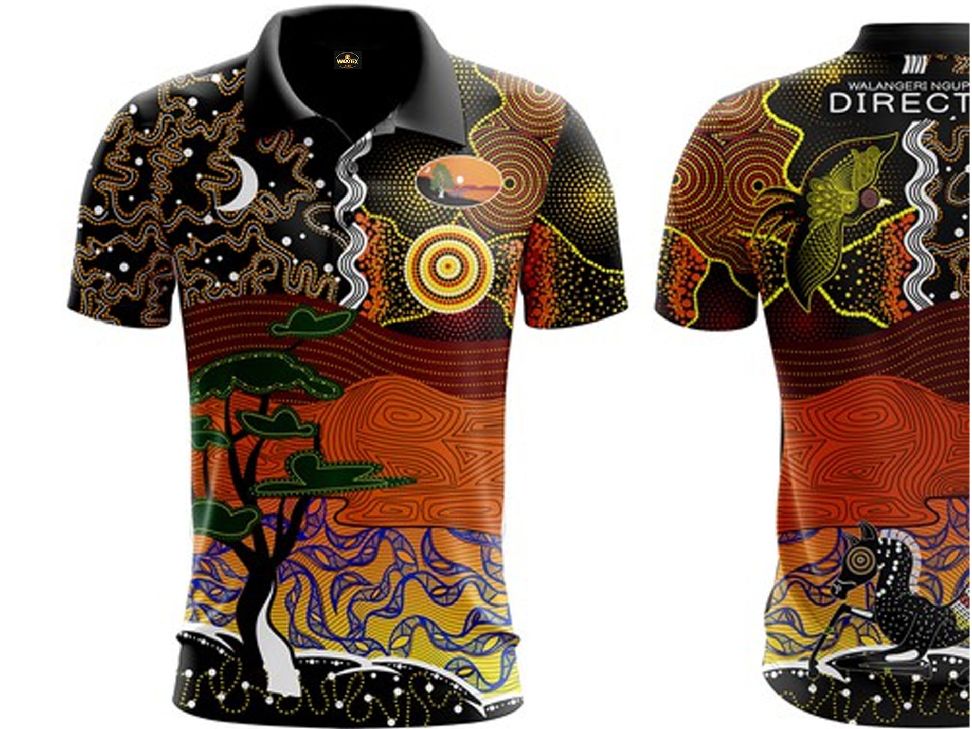 Two polo shirts with Aboriginal art designs on a white background
