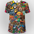 Colorful t-shirt with cartoon character print on a white background