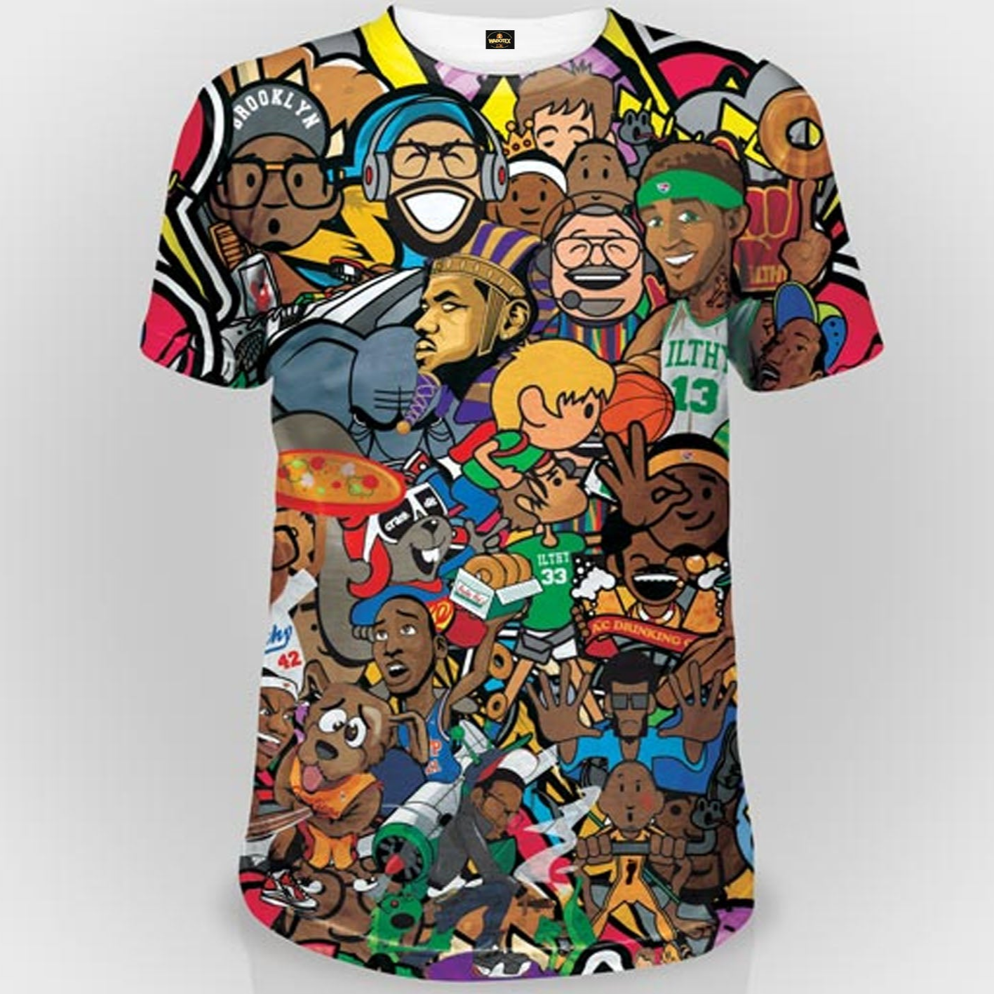 Colorful t-shirt with cartoon character print on a white background
