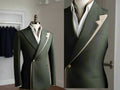 Green suit jacket with white trim on a mannequin against a neutral background