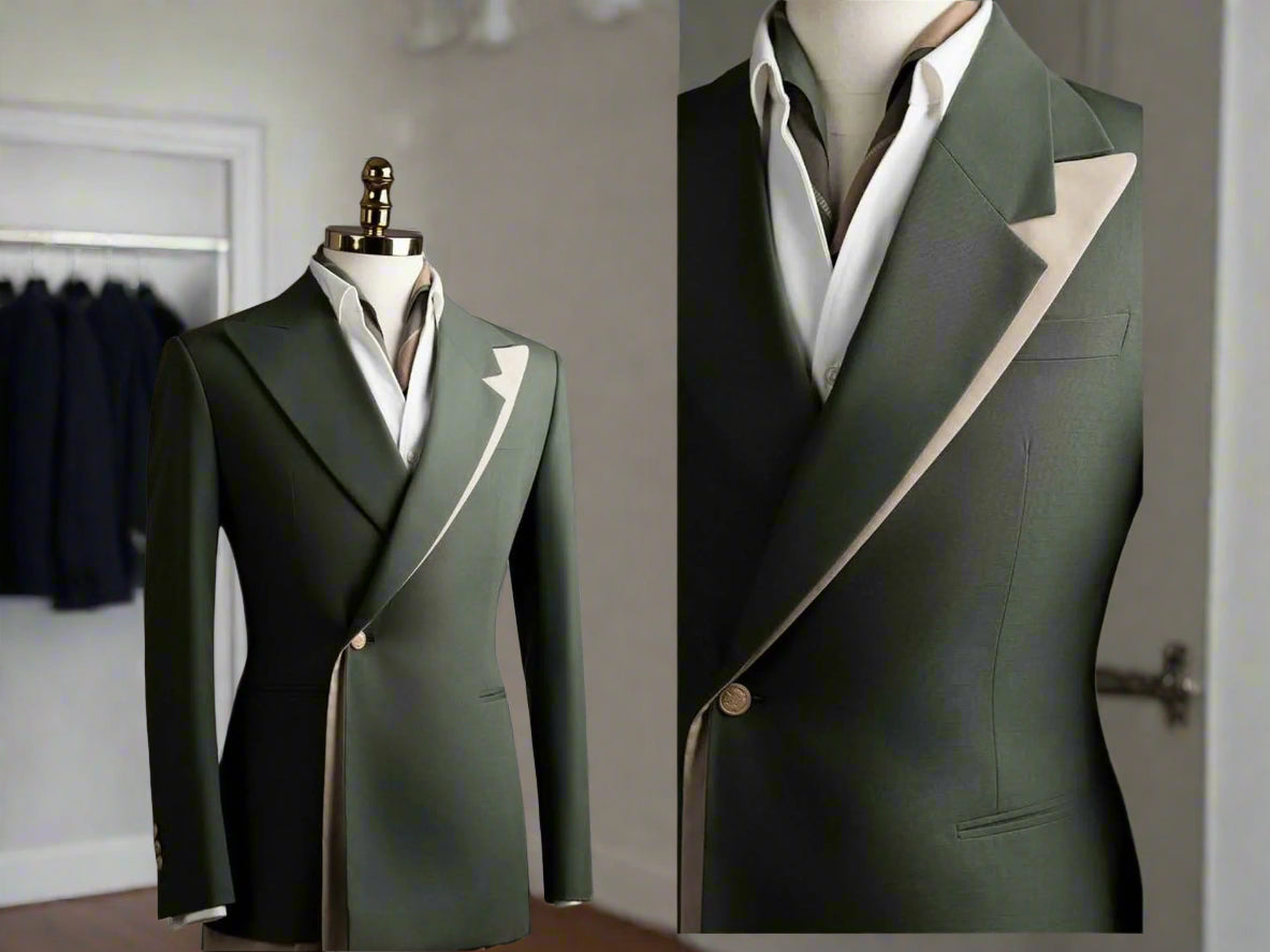 Green suit jacket with white trim on a mannequin against a neutral background