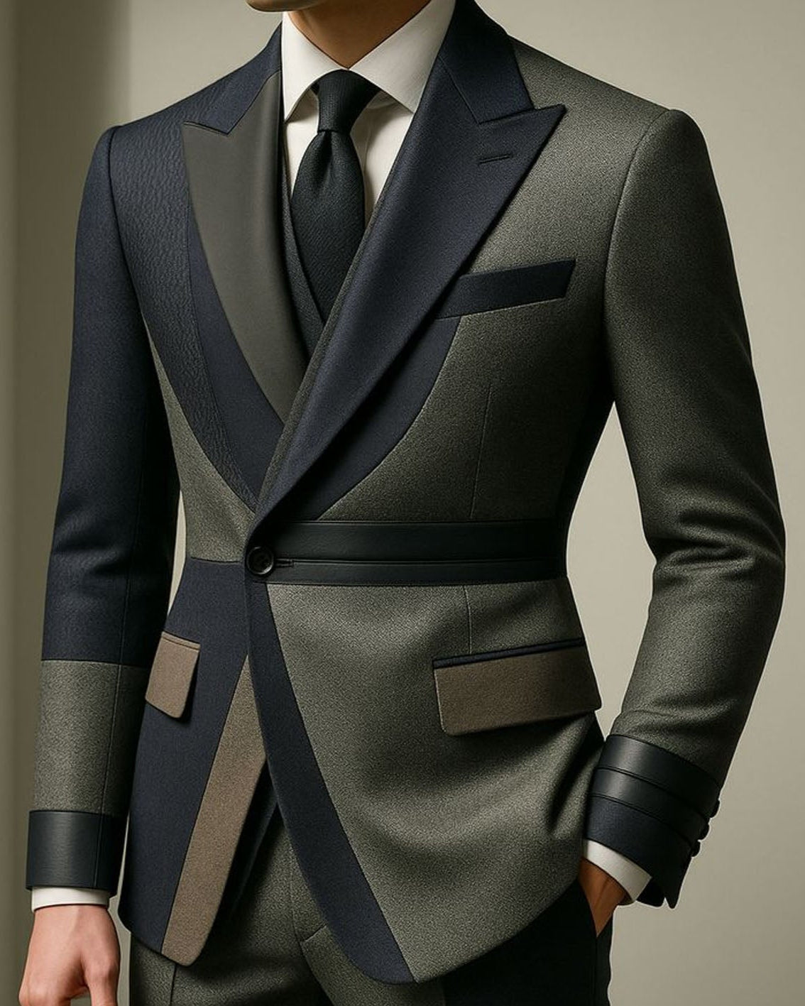Gray suit with black lapels and trim on a neutral background