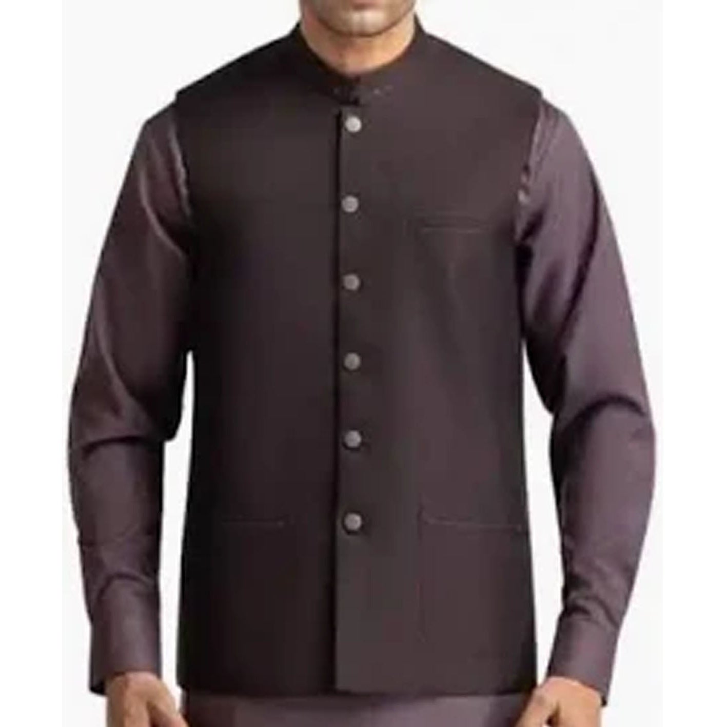 Dark brown traditional jacket with buttons on a white background