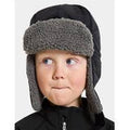 Boy wearing a black and grey wihter cap on a white background