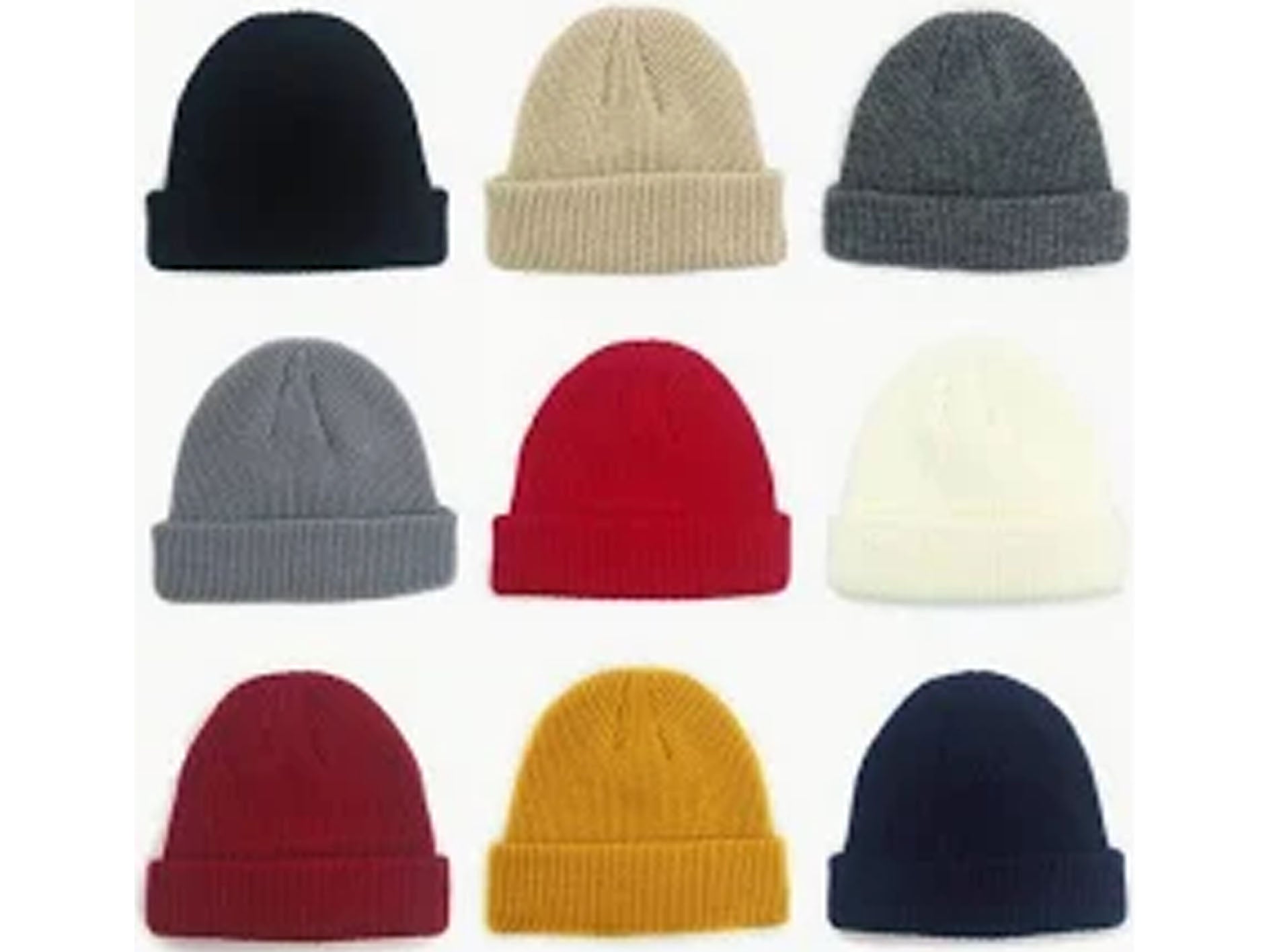 Collection of knit beanie hats in various colors on a white background