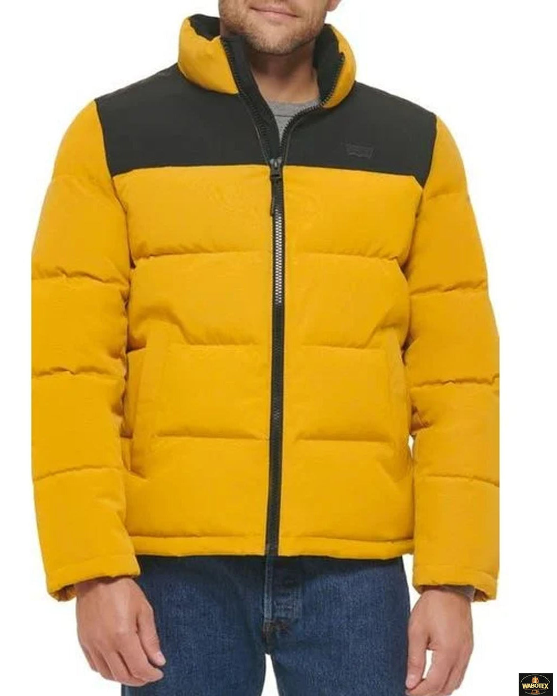Yellow puffer jacket with black collar on a white background
