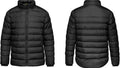 Black puffer jacket shown from front and back on a white background