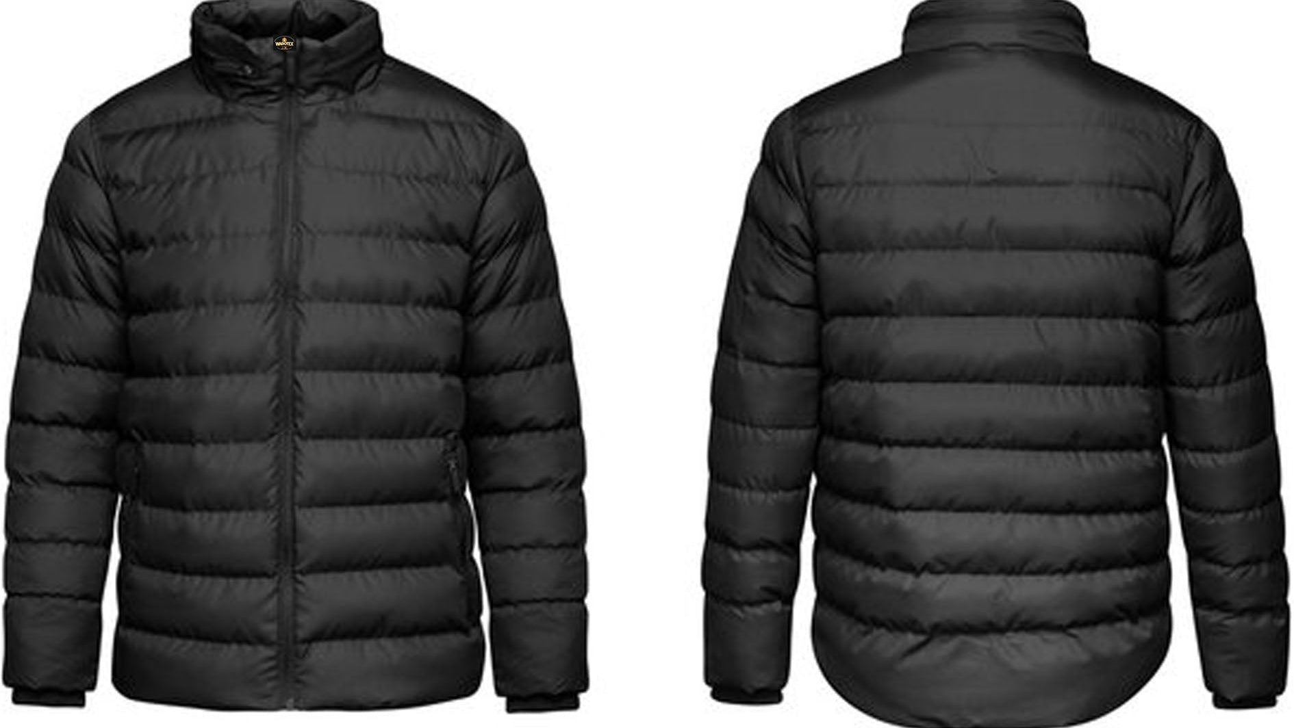 Black puffer jacket shown from front and back on a white background