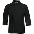 A black chef jacket with a three-quarter button front, stand collar, and a chest pocket, shown against a plain white background.