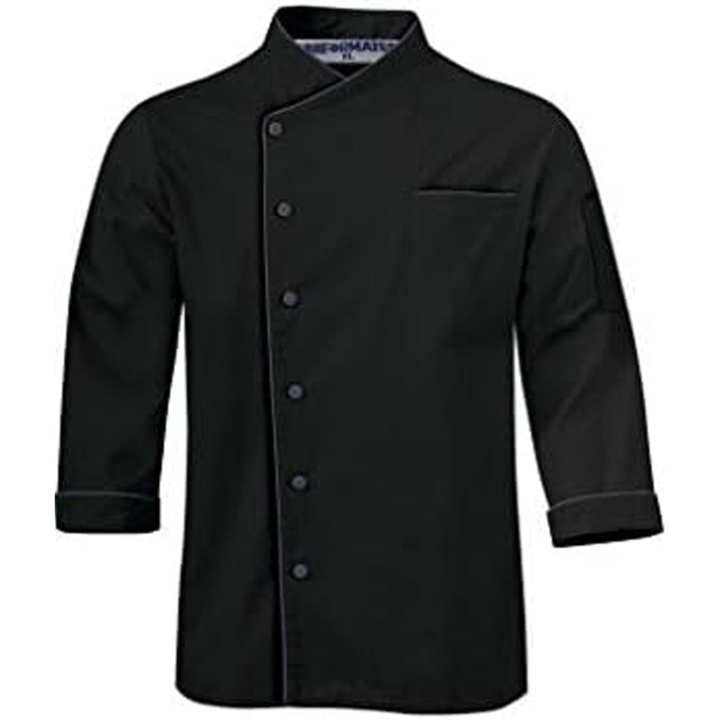 A black chef jacket with a three-quarter button front, stand collar, and a chest pocket, shown against a plain white background.