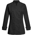 A black long-sleeve chef jacket with a double-breasted button closure, shown against a plain white background.