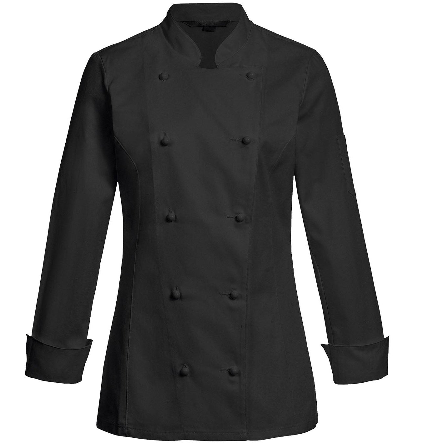 A black long-sleeve chef jacket with a double-breasted button closure, shown against a plain white background.